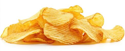 The pile of crispy potato chips on a white background. photo