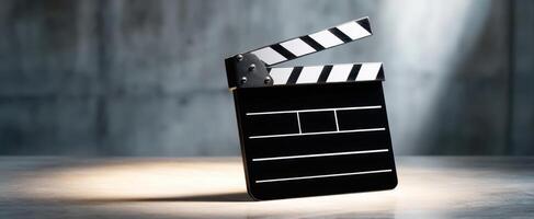 The classic clapperboard ready for filming in cinematic production settings. photo