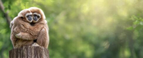 The Intimate Moment of Gibbons Embracing in Their Natural Habitat photo