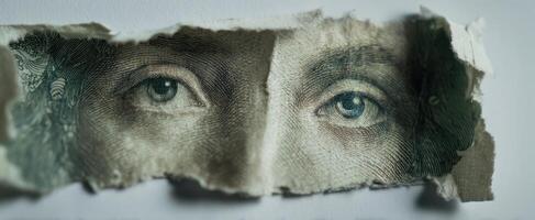 The captivating eyes within a torn piece of currency artfully displayed. photo