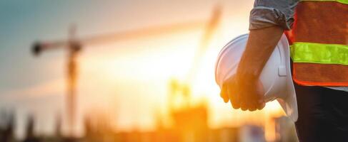 The construction worker holding a helmet at sunset on a job site. photo