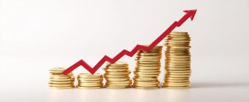 The coins stacked representing financial growth with an upward trend graph. photo