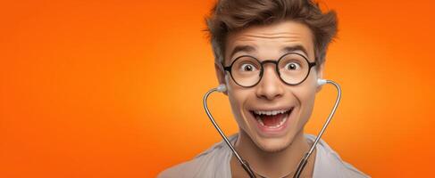 The young man with a stethoscope expresses joy and enthusiasm. photo