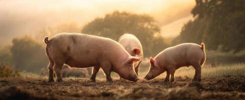 The tranquil scene of pigs foraging in a sunlit rural setting. photo