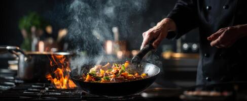 The chef skillfully tosses vibrant ingredients in a flaming wok. photo
