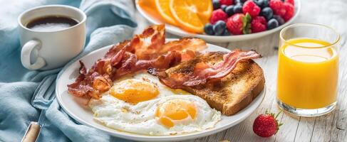 The delicious breakfast spread featuring eggs, bacon, toast, and fresh fruits. photo