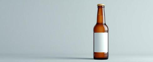 The amber bottle with blank label on a minimalistic background. photo