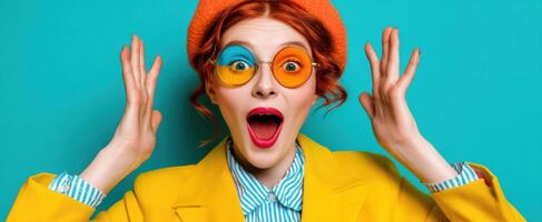 The Vibrant Woman Exuding Joy and Style in a Colorful Urban Setting photo