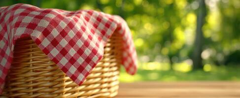 The inviting picnic basket adorned with a cheerful checkered cloth in nature. photo