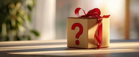 The mysterious gift box with a question mark and red ribbon. photo