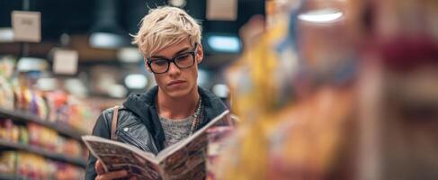The young adult reading a magazine while shopping in a modern supermarket. photo