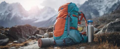 The vibrant backpack set against majestic mountain peaks at sunrise. photo