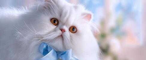 The elegant Persian cat with a charming blue bowtie in a soft setting. photo