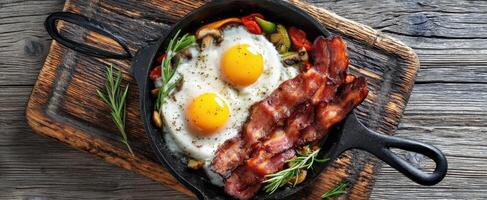 The delicious breakfast skillet with eggs and crispy bacon. photo