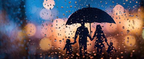 The family sharing an umbrella in the rain captures love and togetherness. photo