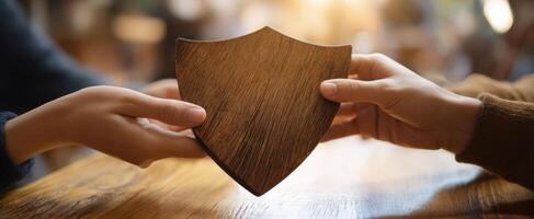 The wooden shield representing trust and connection exchanged between two hands. photo