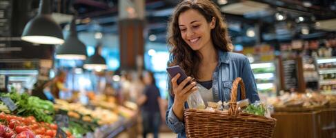 The woman happily shopping in a grocery store using her smartphone. photo
