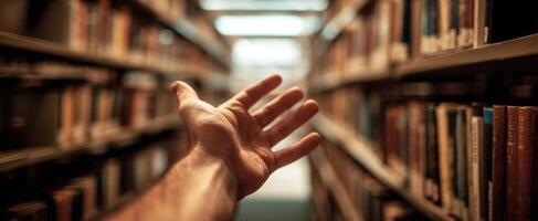 The hand reaching out toward books in a serene library setting photo