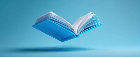 The enchanting floating blue book amidst a minimalist background for creative inspiration. photo