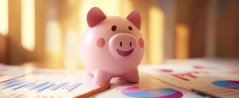 The playful piggy bank surrounded by colorful financial charts and graphs photo