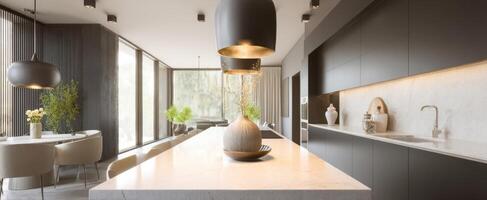 The modern kitchen featuring an elegant island and contemporary lighting fixtures. photo