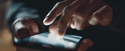 The close-up view of a hand using a smartphone touchscreen. photo