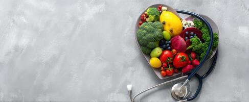 The Heart-Shaped Arrangement of Fresh Fruits and Vegetables with Stethoscope photo
