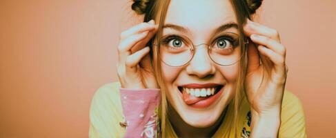 The playful girl with glasses showing a quirky and cheerful expression. photo