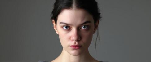 The portrait of a young woman showcasing natural beauty and introspective expression. photo