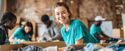 The smiling volunteer sorting clothes at a community charity event. photo
