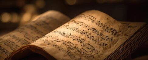 The Antique Music Sheet Showcasing Beautifully Handwritten Notes and Notation. photo