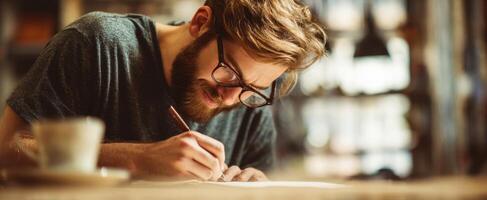 The focused man writing creatively in a cozy coffee shop setting. photo