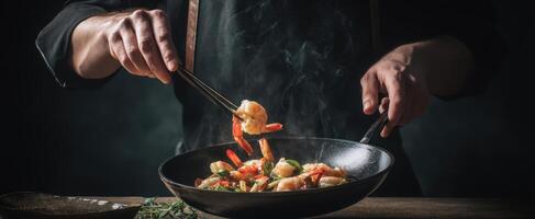 The chef skillfully prepares a vibrant shrimp stir-fry in a smoky kitchen setting. photo