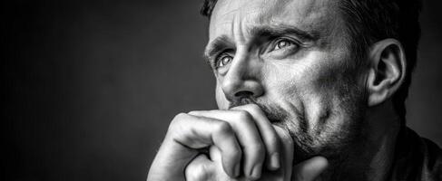 The contemplative man in deep thought captured in a striking black and white portrait. photo