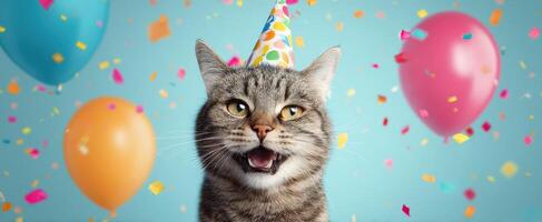 The cheerful cat celebrating with a party hat and colorful balloons. photo