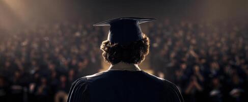 The Graduate Standing Proudly Before a Cheering Audience at Commencement Ceremony. photo