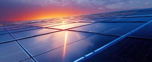 The stunning vista of solar panels capturing sunset energy for a sustainable future. photo