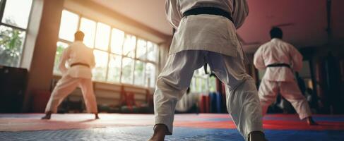 The disciplined karate practitioners training within a focused dojo environment. photo