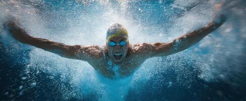 The swimmer bursting through the water in a competitive swimming event. photo