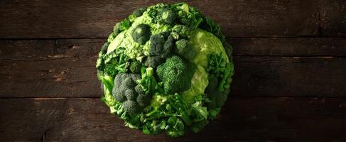 The vibrant green world of fresh broccoli and leafy vegetables on wooden background photo