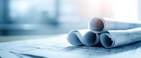 The rolled blueprints resting on a workspace surface showcasing architectural designs. photo