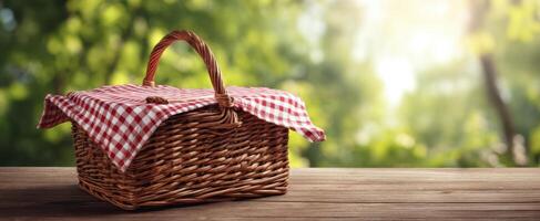 The charming picnic basket resting on a wooden table in a sunlit garden. photo