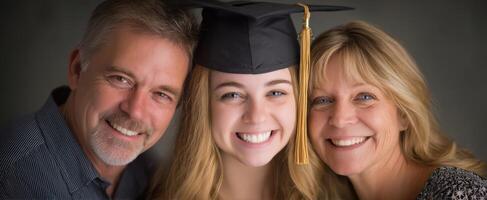 The proud graduate celebrating her milestone with loving parents. photo