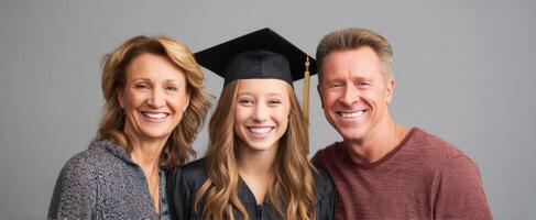 The joyful graduate celebrating her achievement with proud parents in studio setting. photo