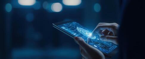 The tablet displaying a futuristic digital interface with interactive holographic elements. photo
