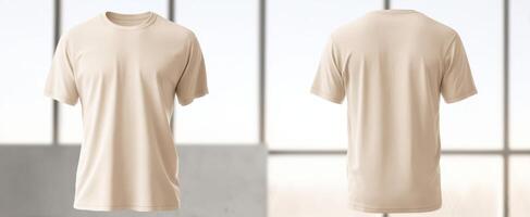 The versatile beige t-shirt displayed in a modern studio setting. photo