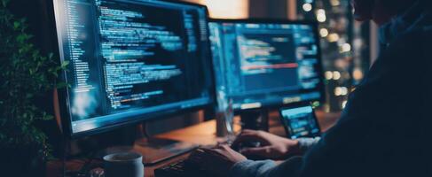 The developer coding at night in a modern tech workspace. photo