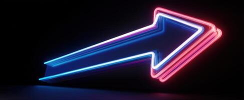 The neon arrow illuminated in a vibrant blue and pink glow. photo