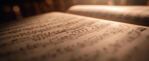 The intricate details of sheet music illuminated by warm light. photo
