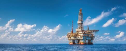 The offshore oil rig stands majestically against a clear blue sky and tranquil sea. photo